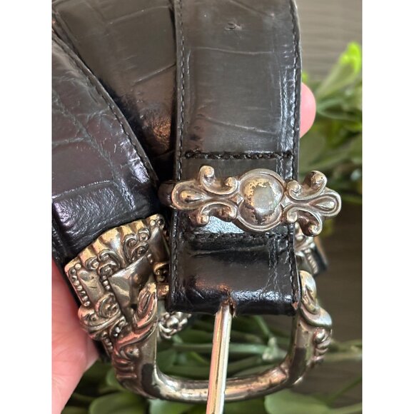 Vintage Brighton Leather Belt, Embossed Alligator Print leather, Concho Silver O - Picture 9 of 13